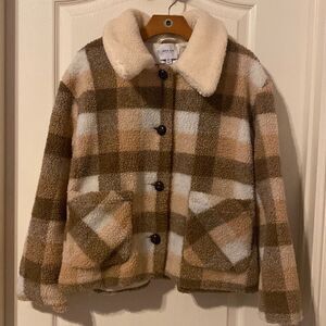 Gilli Women’s Plaid Brown and Cream Teddy Jacket Size Medium NWOT
